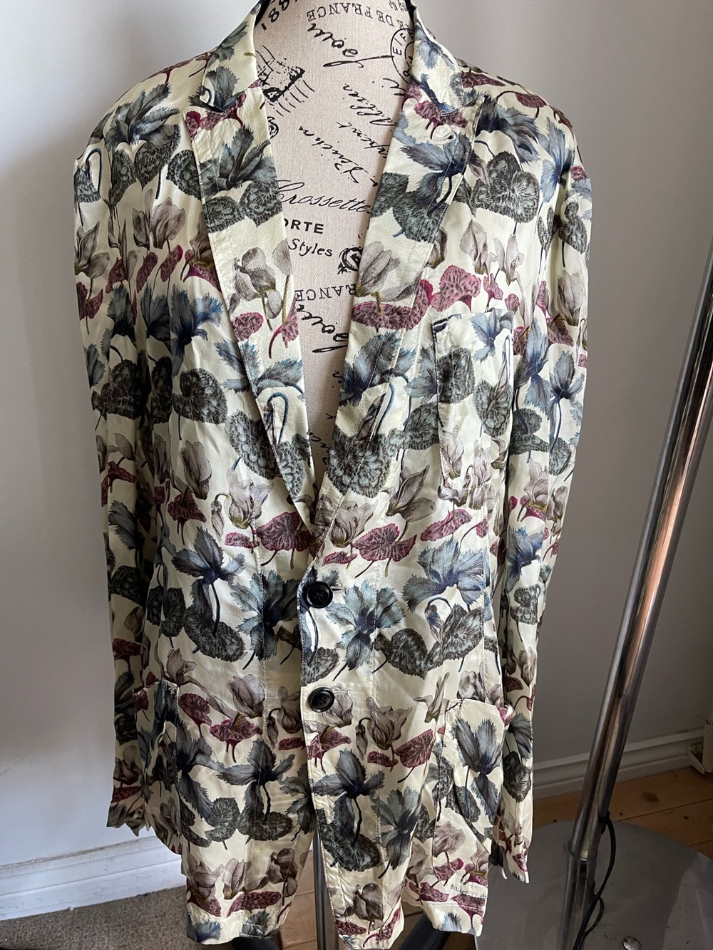 Dries Van Noten Cream Floral-Print Blazer with Blue and Burgundy Accents